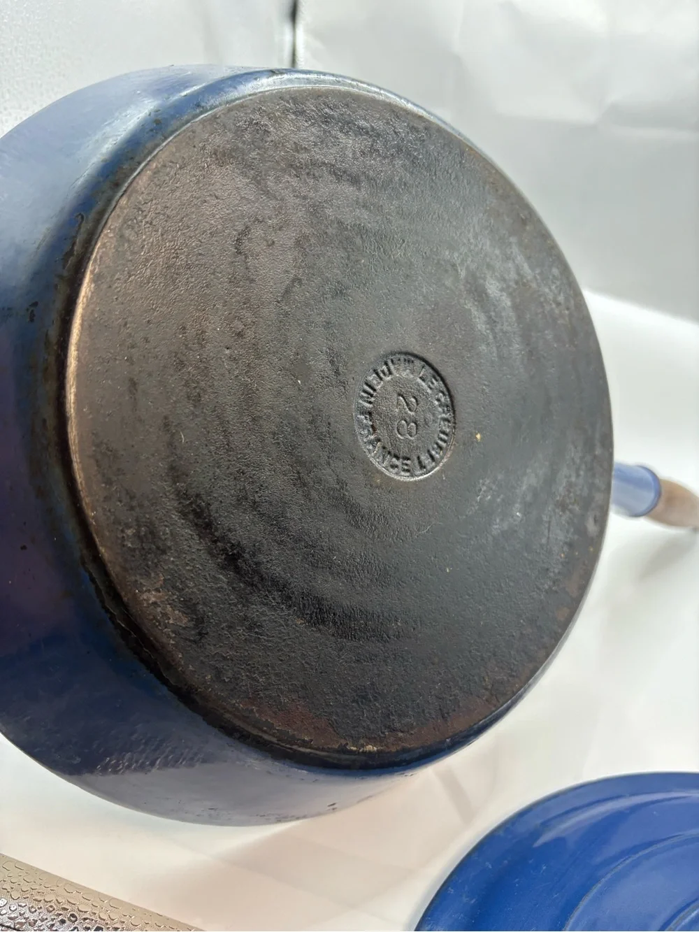 Le CREUSET #23 France Blue Enamel Cast Iron Skillet Pan Wood Handle Rare W Lid